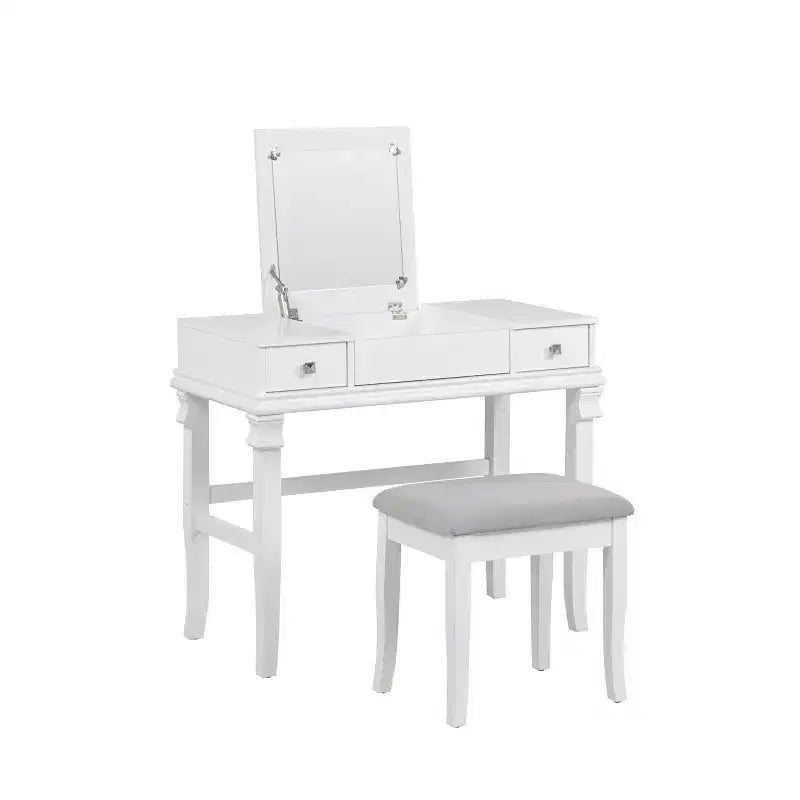 Adler Traditional Wood 2 Drawer Lift Top Mirror Vanity and Upholstered Stool White - Linon