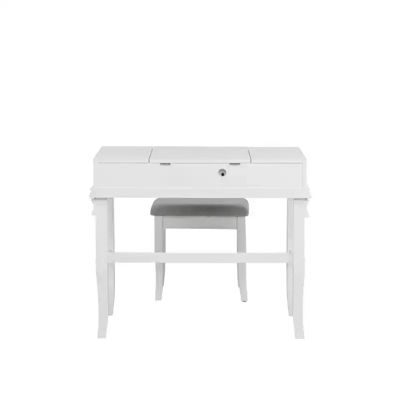 Adler Tradizionale Legno Cassettiera 2 Cassetti con Specchio Sollevabile e Sgabello Imbottito Bianco - Linon