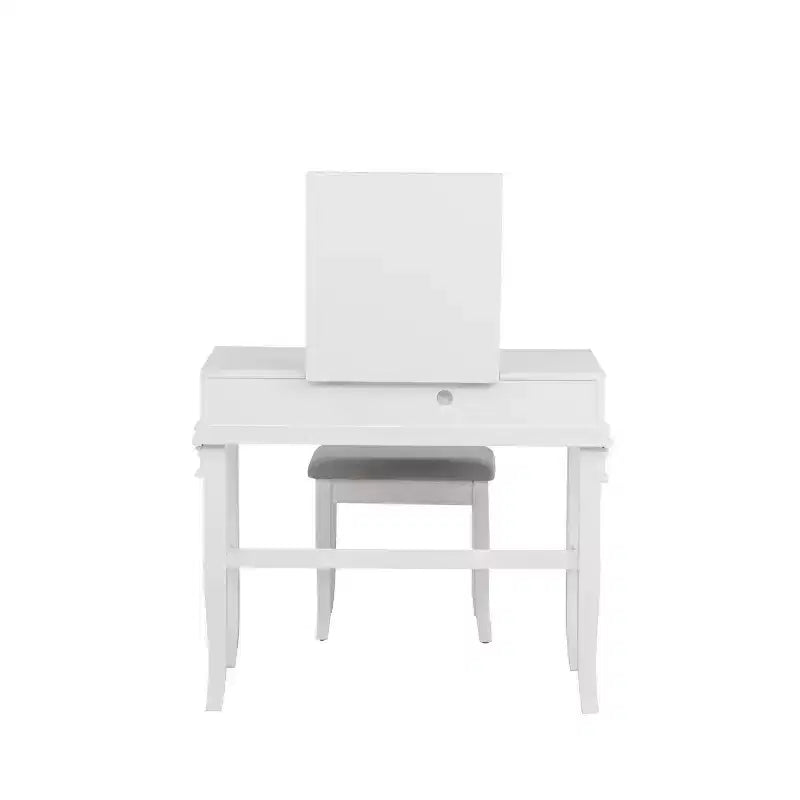 Adler Tradizionale Legno Cassettiera 2 Cassetti con Specchio Sollevabile e Sgabello Imbottito Bianco - Linon