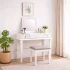 Adler Tradizionale Legno Cassettiera 2 Cassetti con Specchio Sollevabile e Sgabello Imbottito Bianco - Linon