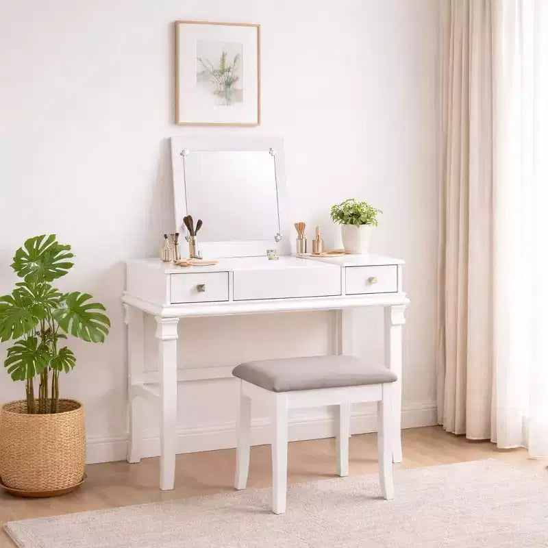 Adler Tradizionale Legno Cassettiera 2 Cassetti con Specchio Sollevabile e Sgabello Imbottito Bianco - Linon