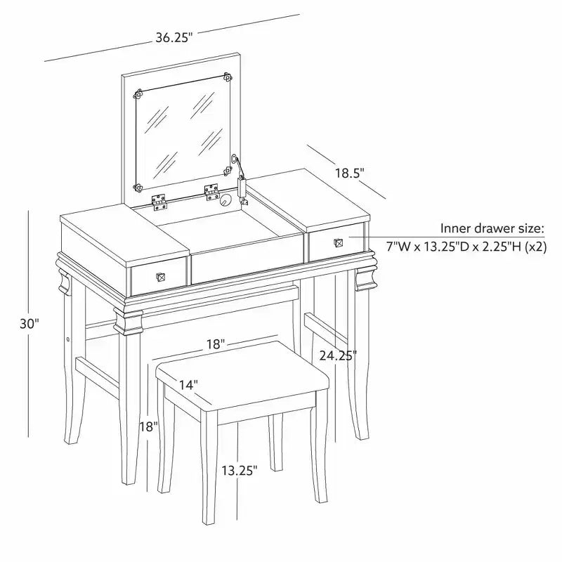 Adler Tradizionale Legno Cassettiera 2 Cassetti con Specchio Sollevabile e Sgabello Imbottito Bianco - Linon