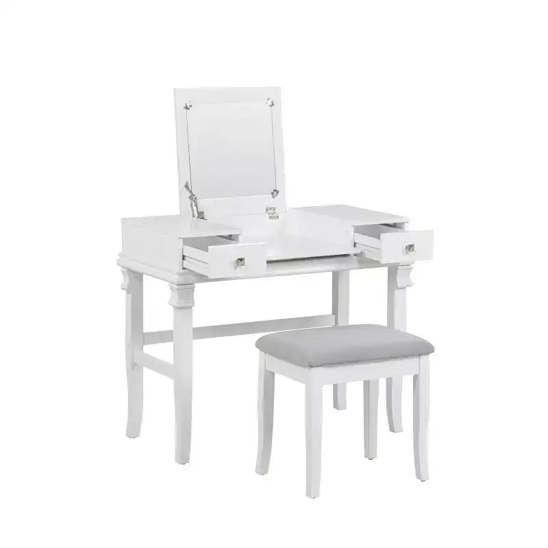 Adler Tradizionale Legno Cassettiera 2 Cassetti con Specchio Sollevabile e Sgabello Imbottito Bianco - Linon
