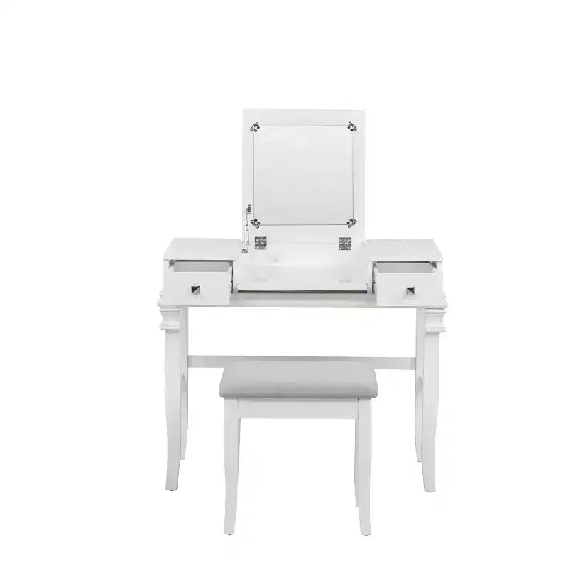 Adler Tradizionale Legno Cassettiera 2 Cassetti con Specchio Sollevabile e Sgabello Imbottito Bianco - Linon