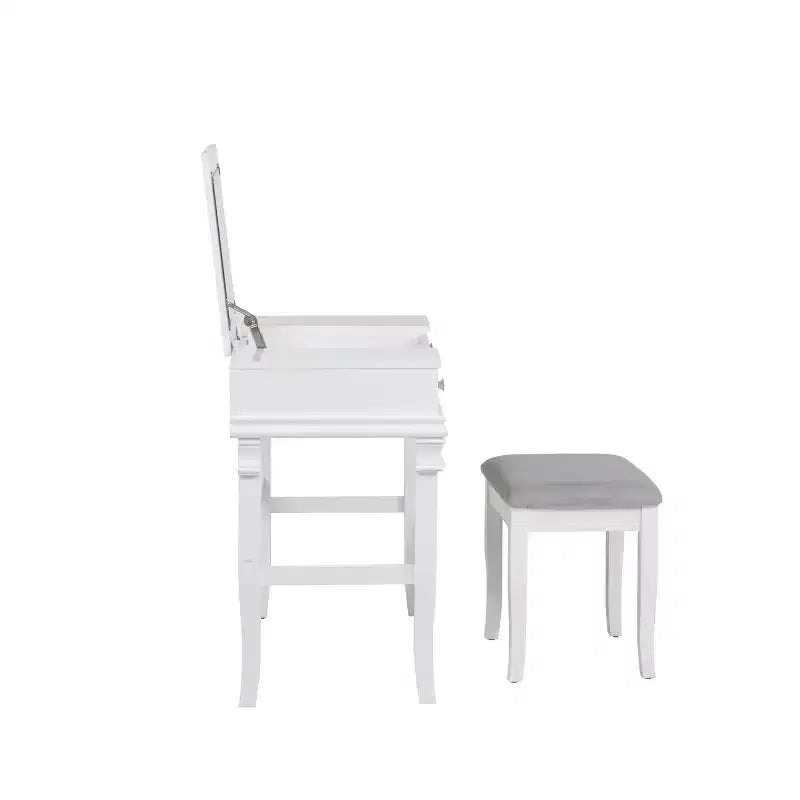 Adler Tradizionale Legno Cassettiera 2 Cassetti con Specchio Sollevabile e Sgabello Imbottito Bianco - Linon