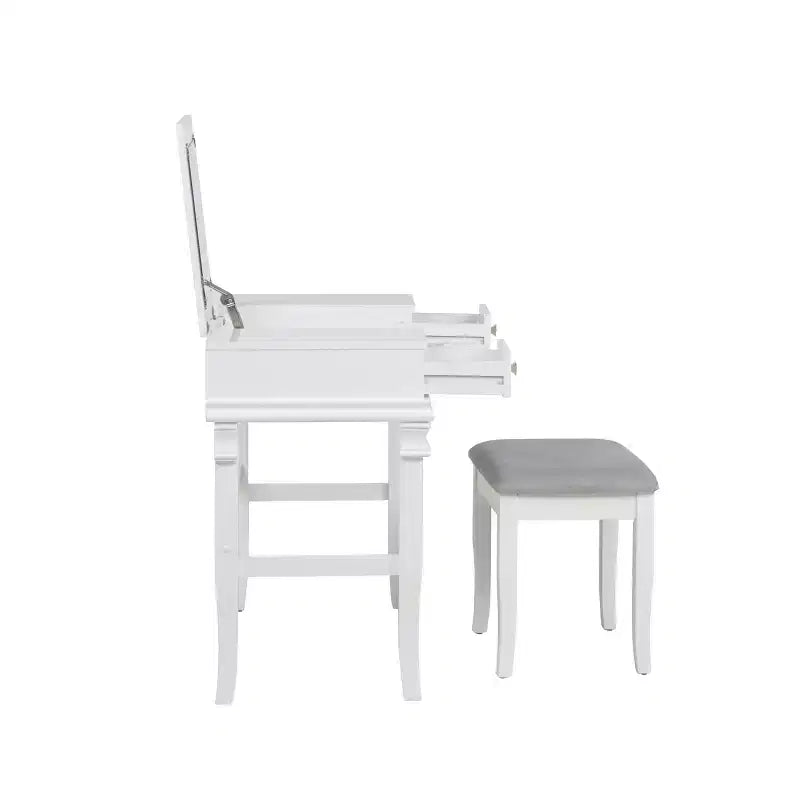 Adler Tradizionale Legno Cassettiera 2 Cassetti con Specchio Sollevabile e Sgabello Imbottito Bianco - Linon