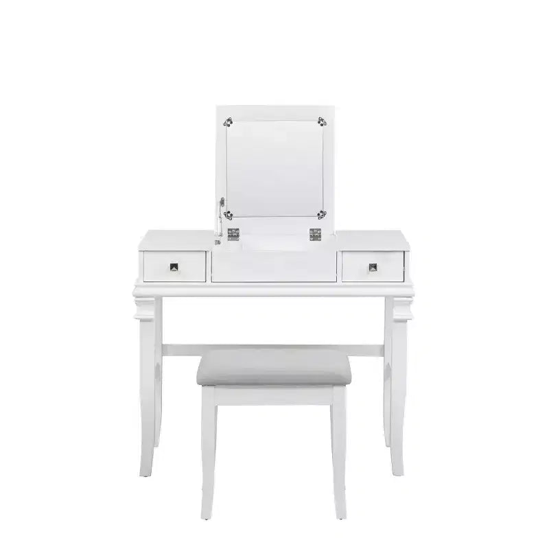 Adler Tradizionale Legno Cassettiera 2 Cassetti con Specchio Sollevabile e Sgabello Imbottito Bianco - Linon