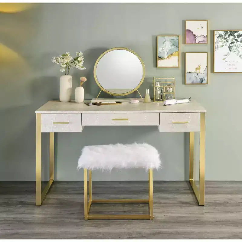Tavolino da trucco Myles da 50" con finitura bianca antica e champagne - Acme Furniture