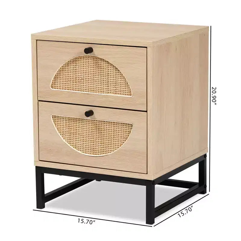 Ardon comodino a 1 cassetto in legno e metallo bohémien con rattan marrone chiaro/nero - Baxton Studio