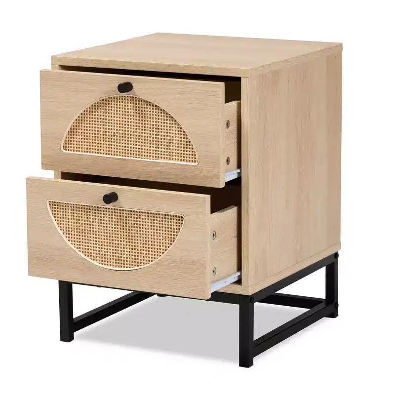 Ardon comodino a 1 cassetto in legno e metallo bohémien con rattan marrone chiaro/nero - Baxton Studio