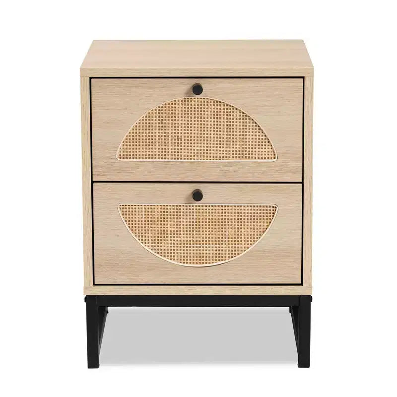 Ardon comodino a 1 cassetto in legno e metallo bohémien con rattan marrone chiaro/nero - Baxton Studio