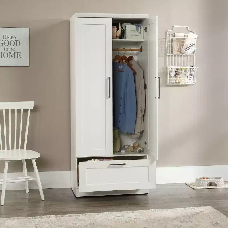 Armadio Homeplus Soft White - Sauder: Costruzione in MDF, armadio a 2 ante con cassetti e ferramenta in metallo