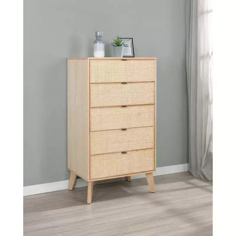 Chancery Boho Wood Ratan 5 Drawer Chest Dresser Natural - Powell