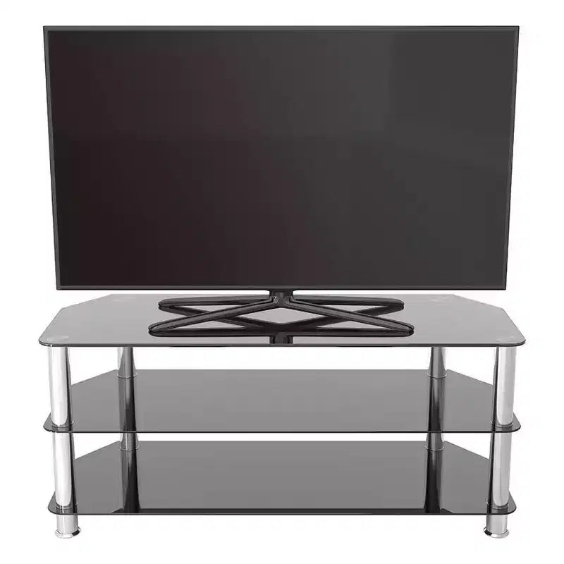 Mobile TV con ripiani in vetro per TV fino a 55" - Argento/Nero: Gambe cromate, Adatto per angolo, Design aperto
