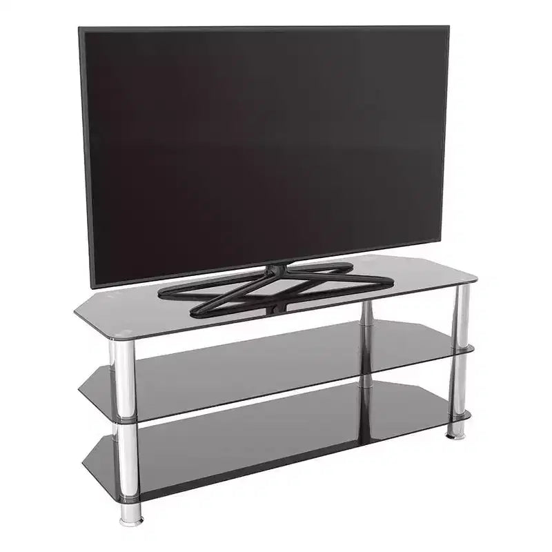 Mobile TV con ripiani in vetro per TV fino a 55" - Argento/Nero: Gambe cromate, Adatto per angolo, Design aperto