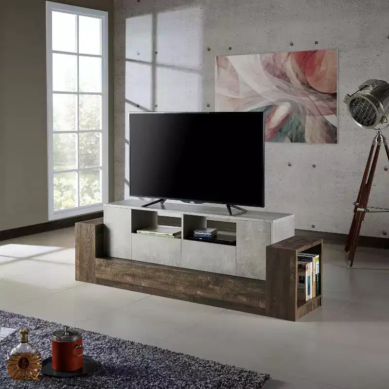 Mobile TV Lums per televisori fino a 80" cemento/rovere di recupero - miBasics: mobile console industriale con contenitore