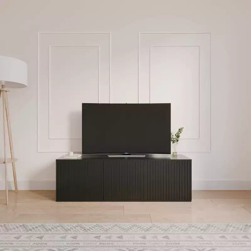 Mobile TV Trelisse di Nexera per TV fino a 60", colore nero: mobile multimediale moderno con ante, in composito di legno