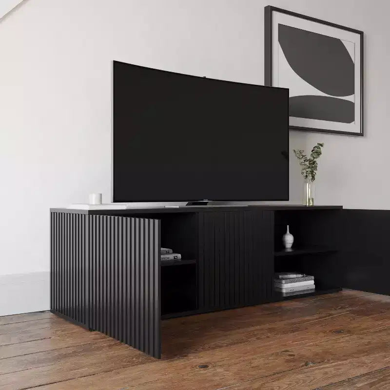 Mobile TV Trelisse di Nexera per TV fino a 60", colore nero: mobile multimediale moderno con ante, in composito di legno