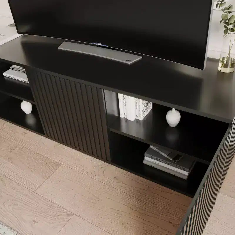 Mobile TV Trelisse di Nexera per TV fino a 60", colore nero: mobile multimediale moderno con ante, in composito di legno