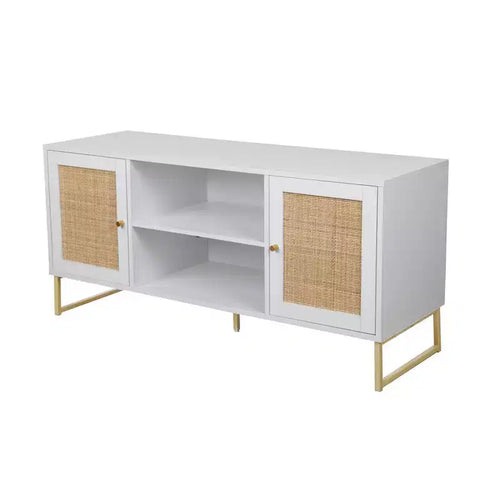 47" Mina Rattan and Wood 2 Door TV Cabinet for TVs up to 59" White/Gold - Nathan James: Boho-Chic Entertainment Center
