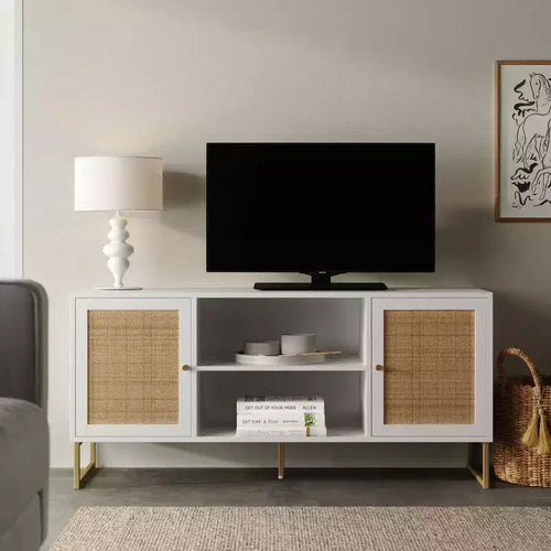 Mobile TV da 119 cm Mina in Rattan e Legno a 2 Ante per TV fino a 150 cm Bianco/Oro - Nathan James: Mobile porta TV in Stile Boho-Chic
