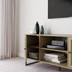 Nathan James 47" Mina, mobile TV in rattan e legno a 2 ante, per TV fino a 59", rovere chiaro/nero opaco: Consolle multimediale con vano portaoggetti