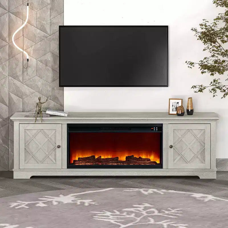 Mobile porta TV da 198 cm in stile rustico per TV fino a 80" con camino elettrico bianco sporco - Festivo