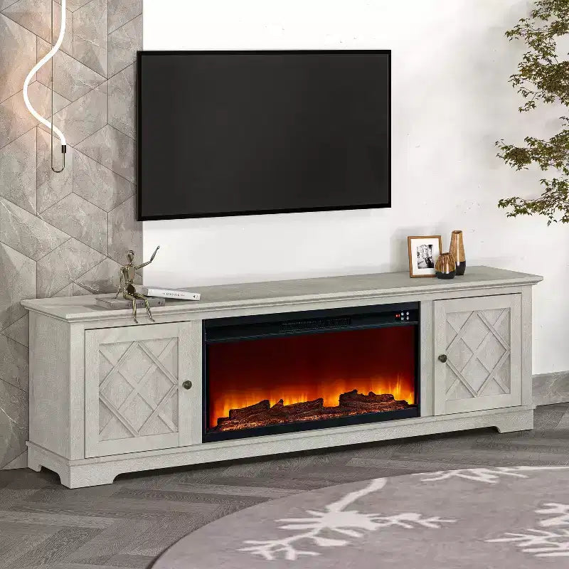 Mobile porta TV da 198 cm in stile rustico per TV fino a 80" con camino elettrico bianco sporco - Festivo