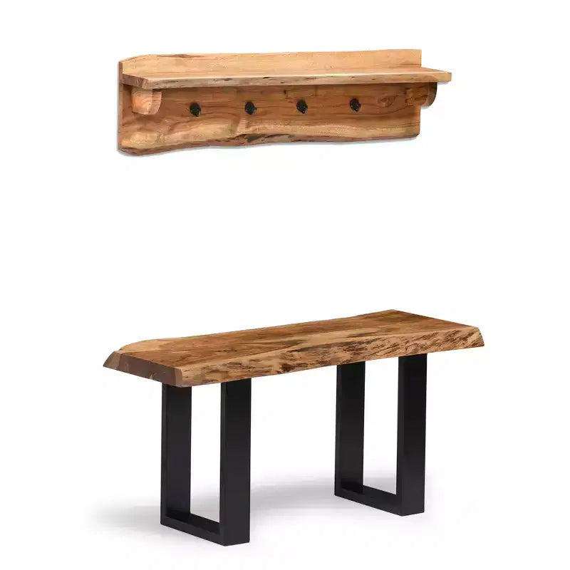 Alaterre Furniture Alpine, panca in legno massiccio con bordo naturale, colore marrone, 91 cm, con ripiano e ganci appendiabiti, in metallo e legno