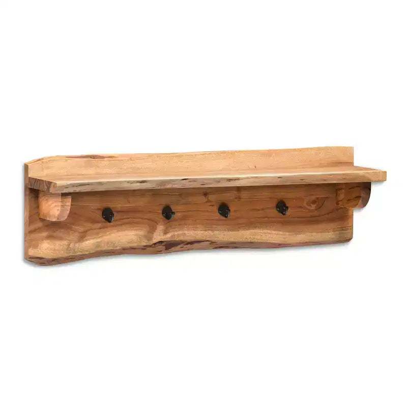 Alaterre Furniture Alpine, panca in legno massiccio con bordo naturale, colore marrone, 91 cm, con ripiano e ganci appendiabiti, in metallo e legno