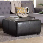 Full Leather Square Ottoman Footstool Black - Baxton Studio: Modern Upholstered, Wood Frame, No Assembly Required