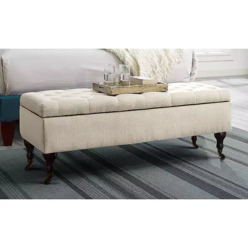 Panca imbottita Collette con contenitore color crema - Adore Decor: Mid-Century Modern, rivestimento in poliestere, struttura in legno