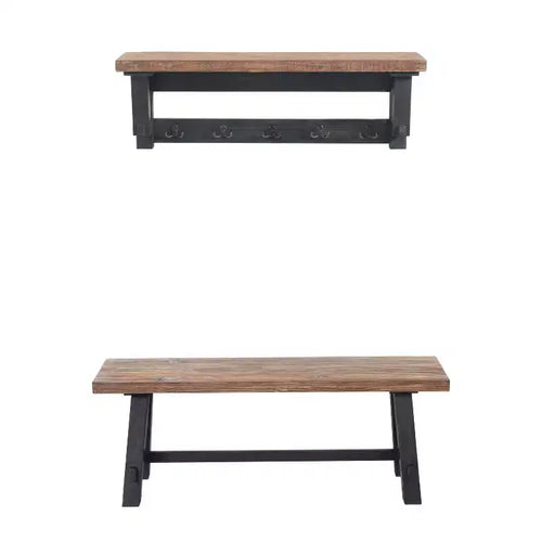 Set panca e ripiano portaoggetti con gancio in legno massiccio Odin 42" nero - Alaterre Furniture: design rustico industriale, struttura in pino