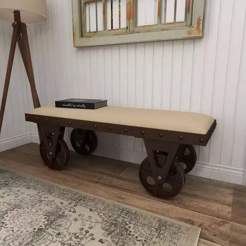 Panca industriale in legno marrone - Olivia & May: telaio in metallo, con ruote, capacità 181 kg