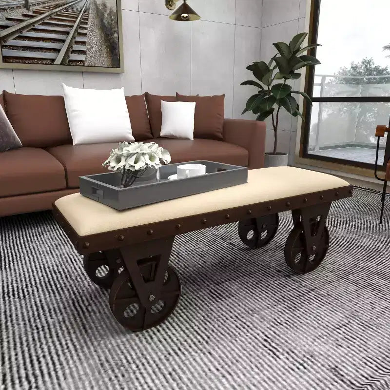 Panca industriale in legno marrone - Olivia & May: telaio in metallo, con ruote, capacità 181 kg