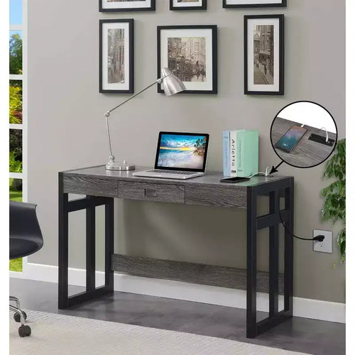 Scrivania Monterey da 47" con stazione di ricarica Grigio invecchiato/Nero - Breighton Home: Postazione di lavoro da ufficio con credenza a scaffale