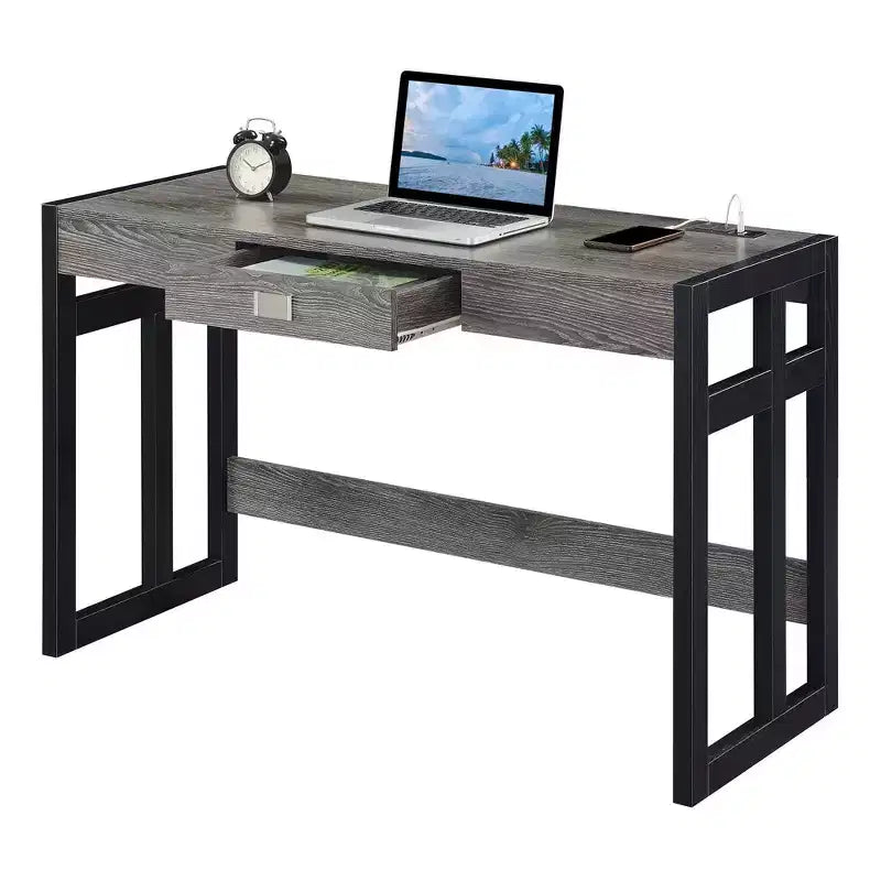 Scrivania Monterey da 47" con stazione di ricarica Grigio invecchiato/Nero - Breighton Home: Postazione di lavoro da ufficio con credenza a scaffale