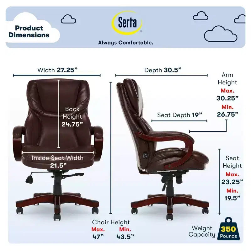 Poltrona Direzionale Extra-Large Redwood in Pelle - Serta: Imbottita, Girevole, Altezza Fissa, Stile Moderno