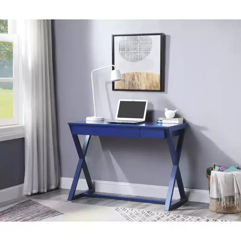 Scrivania Nalo Finitura Blu Crepuscolo - Acme Furniture: Legno di Pioppo Moderno e MDF, Design Base a X, Cassetto Multiuso