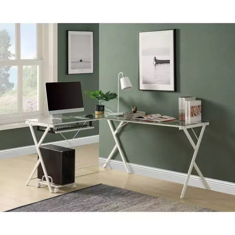 Scrivania Dazenus 62" con piano in vetro trasparente e finitura bianca - Acme Furniture: Mobili da ufficio moderni con base in legno