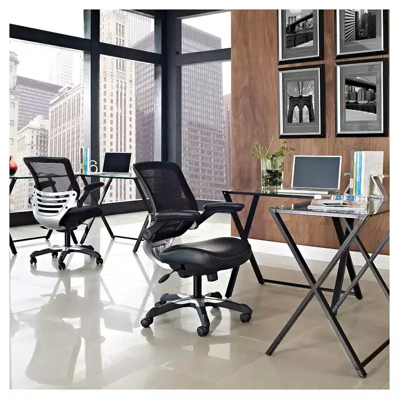 Sedia da ufficio Edge Mesh in ecopelle vegana con braccioli pieghevoli nera - Modway