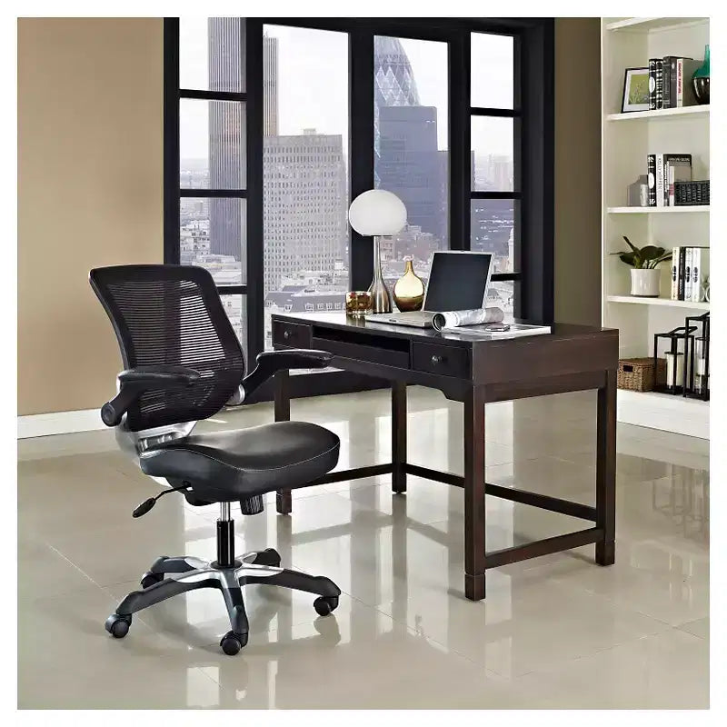 Sedia da ufficio Edge Mesh in ecopelle vegana con braccioli pieghevoli nera - Modway