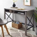 Scrivania per studio Sophie Modern Farmhouse con struttura a X e ripiani a giorno, effetto legno grigio - Saracina Home