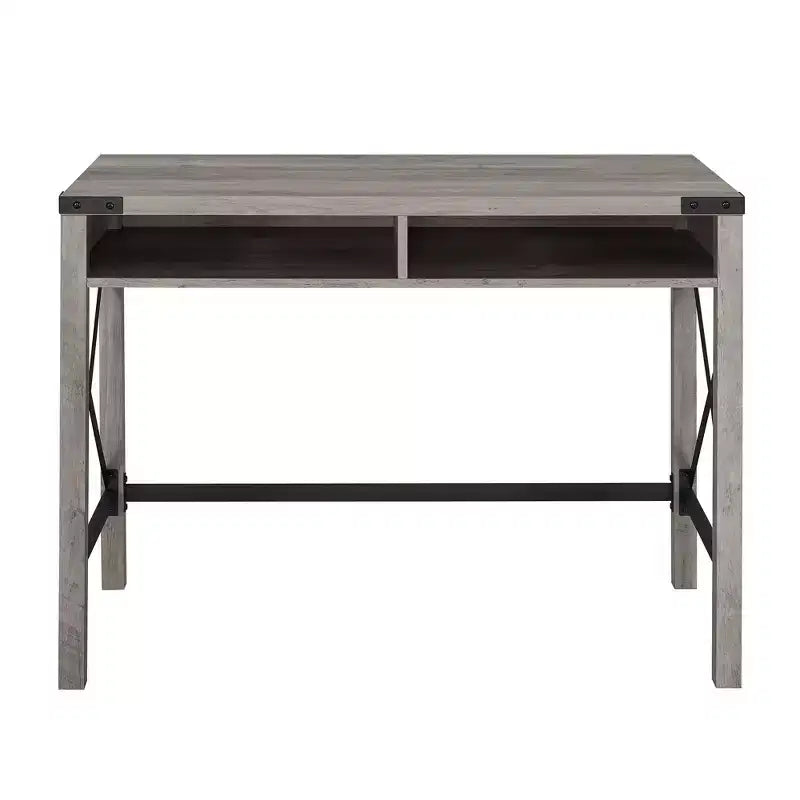Scrivania per studio Sophie Modern Farmhouse con struttura a X e ripiani a giorno, effetto legno grigio - Saracina Home
