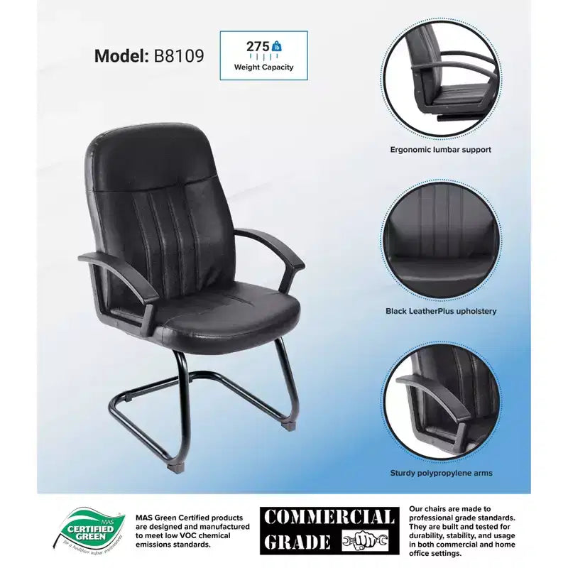 Chaise d'appoint de bureau Executive en cuir noir - Boss Office Products : Piètement en métal, Rembourrée, Accoudoirs fixes, Nettoyage des taches