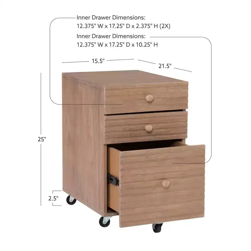 Mobiletto Archivio a 3 Cassetti con Rotelle Wedeln in Legno Finitura Naturale - Powell: Contenitore Mobile con Rotelle Bloccabili