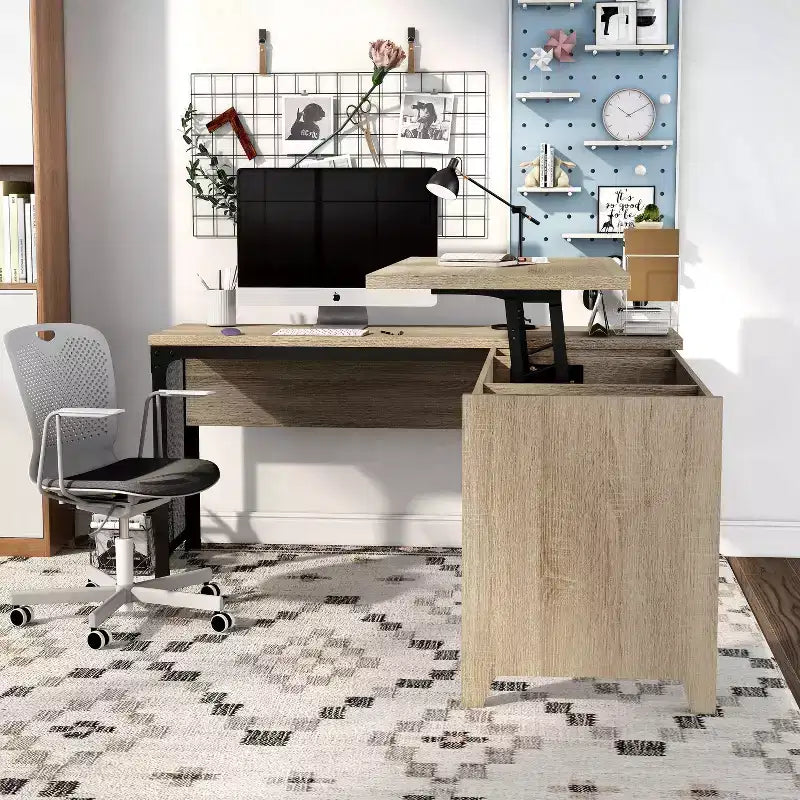 miBasics Scrivania ad L Spiritroam Industriale da 65" con Piano Sollevabile Quercia Naturale: Struttura in Ferro, Superficie in Truciolato