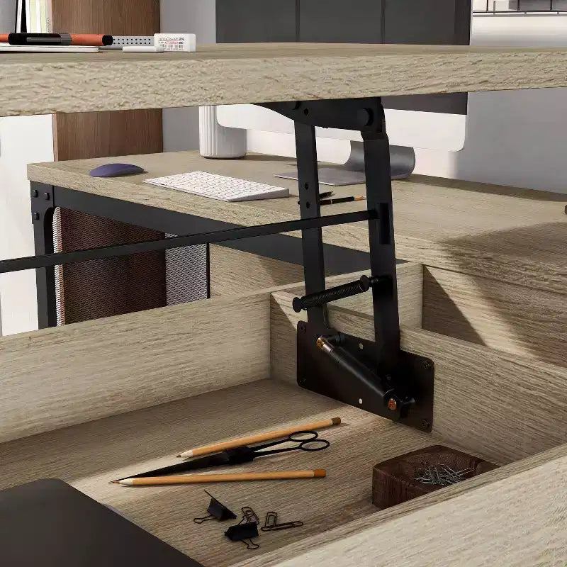 miBasics Scrivania ad L Spiritroam Industriale da 65" con Piano Sollevabile Quercia Naturale: Struttura in Ferro, Superficie in Truciolato