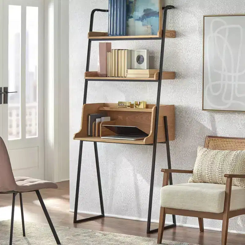 Lifestorey Scrivania Estanier con Scaffali Naturale/Nero: Stile Industriale, Finitura Impiallacciata, Struttura in Metallo, Vano a Giorno