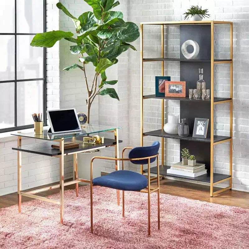 Lifestorey Scrivania Thayer in vetro stile metà secolo oro brillante: Eleganza moderna, struttura in metallo, ripiano aperto